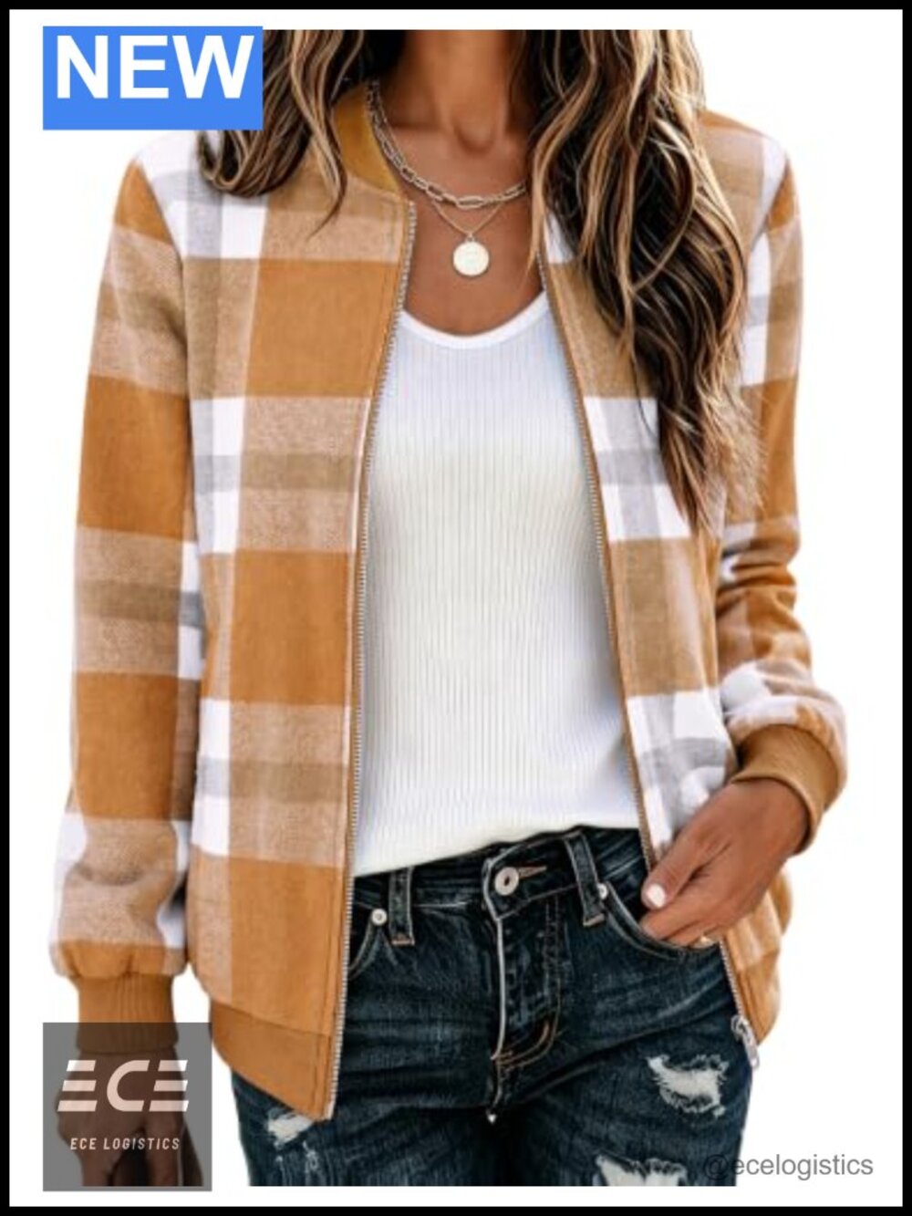 Plaid Flannel Bomber Jacket Zip Up Lightweight Women's Casual Coat
